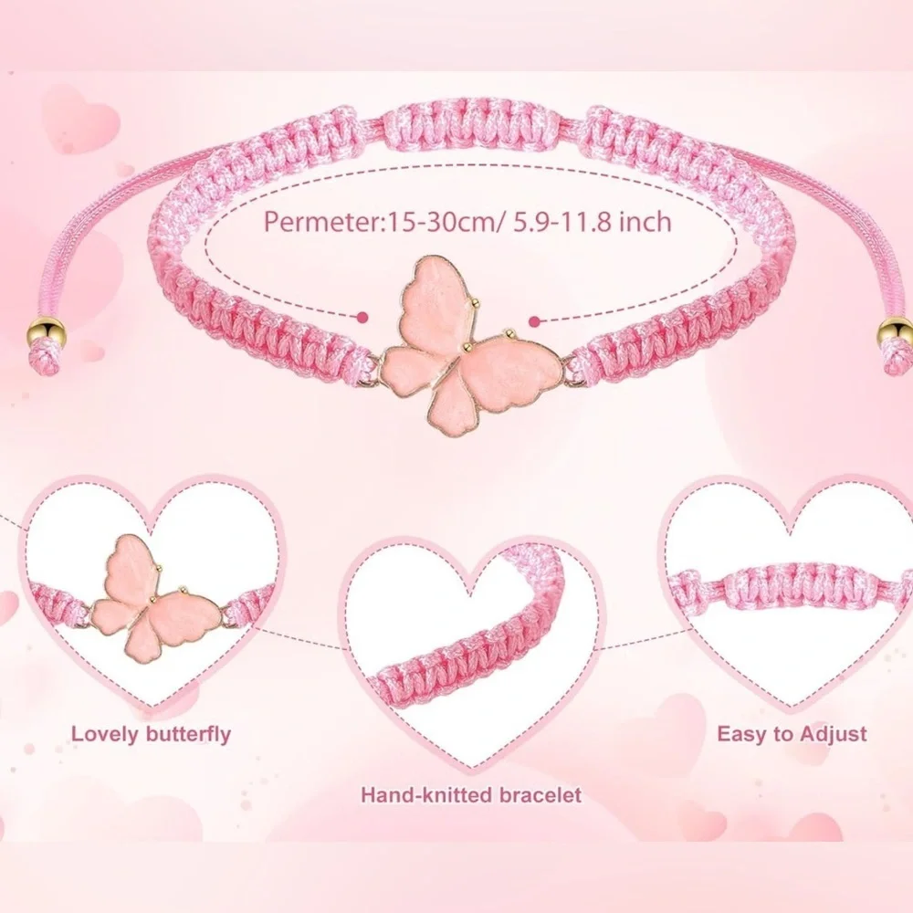 Pink Butterfly Bracelet set of 2 best friend bracelets weaved stone